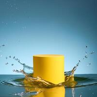 empty yellow podium mockup with water splash on a gradient background for product display photo