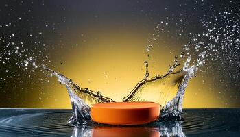 empty orange podium mockup with water splash on a gradient background for product display photo