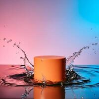 empty orange podium mockup with water splash on a gradient background for product display photo