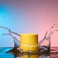 empty yellow podium mockup with water splash on a gradient background for product display photo