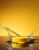 empty yellow podium mockup with water splash on a gradient background for product display photo