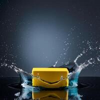 empty yellow podium mockup with water splash on a gradient background for product display photo