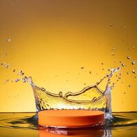 empty orange podium mockup with water splash on a gradient background for product display photo