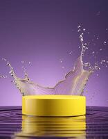 empty yellow podium mockup with water splash on a gradient background for product display photo