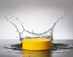 empty yellow podium mockup with water splash on a gradient background for product display photo