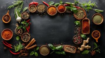 Assorted Fresh Herbs and Spices Arranged on Rustic Dark Stone Surface photo
