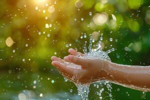 Close Up Of Hand Catching Water Drops photo