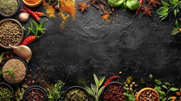 Assorted Fresh Herbs and Spices Arranged on Rustic Dark Stone Surface photo
