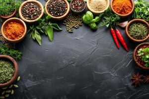 Assorted Fresh Herbs and Spices Arranged on Rustic Dark Stone Surface photo