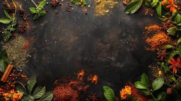 Assorted Fresh Herbs and Spices Arranged on Rustic Dark Stone Surface photo
