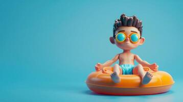 3D illustration of a cute boy sitting on an inflatable ring, wearing swimming goggles against a blue background photo