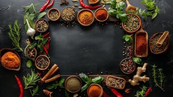 Assorted Fresh Herbs and Spices Arranged on Rustic Dark Stone Surface photo