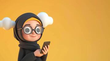 Happy girl in hijab holding smartphone and looking at cloud icon on screen isolated solid background. photo