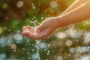 Close Up Of Hand Catching Water Drops photo