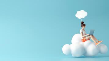 3D cartoon girl sitting on the cloud with laptop and talking, speech bubble with copy space area. photo