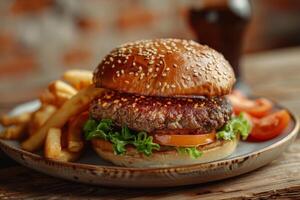 A Juicy Cheeseburger With French Fries on a Wooden Table photo