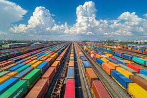 Aerial View of Cargo Trains Loaded With Shipping Containers at a Rail Yard photo