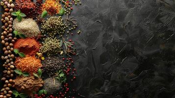 Assorted Fresh Herbs and Spices Arranged on Rustic Dark Stone Surface photo