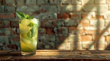 Refreshing Mojito Cocktail With Lime and Mint on Wooden Table photo