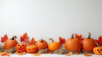 Halloween Themed Pumpkin Arrangement With Autumn Leaves On Hay photo