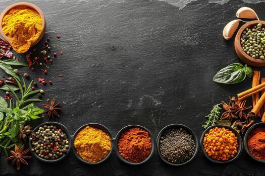 Assorted Fresh Herbs and Spices Arranged on Rustic Dark Stone Surface photo