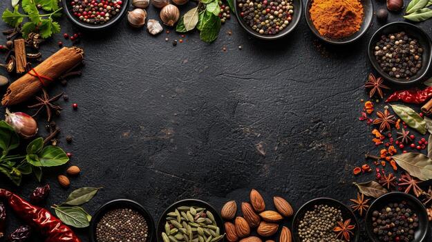 Assorted Fresh Herbs and Spices Arranged on Rustic Dark Stone Surface photo