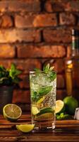 Refreshing Mojito Cocktail With Lime and Mint on Wooden Table photo