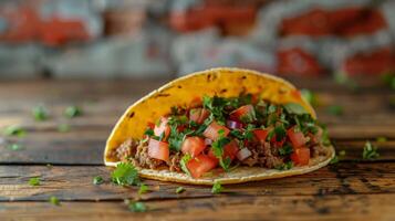 A Delicious Ground Beef Taco With Tomato, Onion, and Cilantro photo