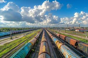 Aerial View of Cargo Trains Loaded With Shipping Containers at a Rail Yard photo