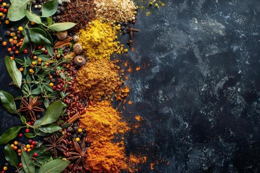 Assorted Fresh Herbs and Spices Arranged on Rustic Dark Stone Surface photo