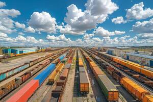 Aerial View of Cargo Trains Loaded With Shipping Containers at a Rail Yard photo