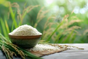 Freshly Harvested Rice Grains in Wooden Bowl Outdoors in Daylight photo