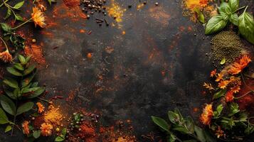 Assorted Fresh Herbs and Spices Arranged on Rustic Dark Stone Surface photo