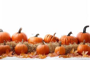 Vibrant Autumn Arrangement of Pumpkins on Hay With Colorful Leaves photo