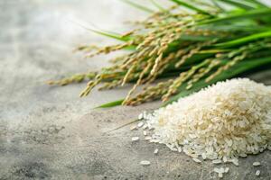 Freshly Harvested Rice Grains and Stalks photo