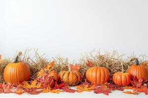 Vibrant Autumn Arrangement of Pumpkins on Hay With Colorful Leaves photo