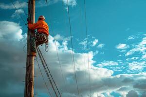 Electrician Working on a Power Pole photo
