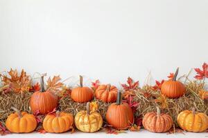 Vibrant Autumn Arrangement of Pumpkins on Hay With Colorful Leaves photo