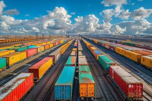 Aerial View of Cargo Trains Loaded With Shipping Containers at a Rail Yard photo