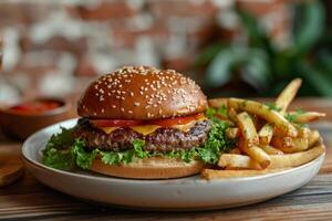 A Juicy Cheeseburger With French Fries on a Wooden Table photo