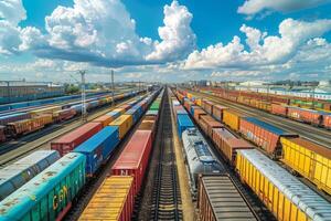 Aerial View of Cargo Trains Loaded With Shipping Containers at a Rail Yard photo