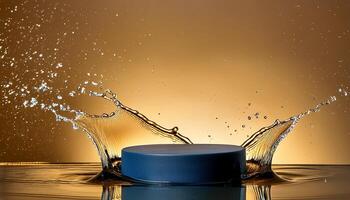empty blue podium mockup with water splash on a gradient background for product display photo