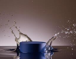 empty blue podium mockup with water splash on a gradient background for product display photo