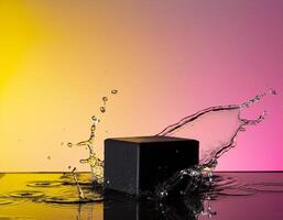 empty black podium mockup with water splash on a pink and yellow gradient background for product display photo