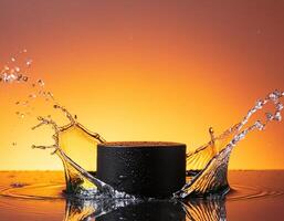 empty black podium mockup with water splash on a orange gradient background for product display photo