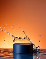 empty blue podium mockup with water splash on a gradient background for product display photo