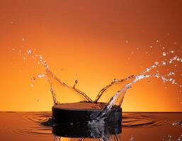 empty black podium mockup with water splash on a orange gradient background for product display photo