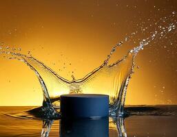 empty blue podium mockup with water splash on a gradient background for product display photo