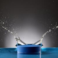 empty blue podium mockup with water splash on a gradient background for product display photo