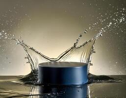 empty blue podium mockup with water splash on a gradient background for product display photo